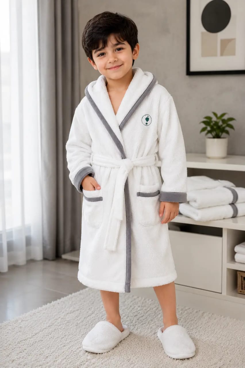 Kids Brown&White Plush Bathrobe with White Trim – Soft & Cozy Girls Robe