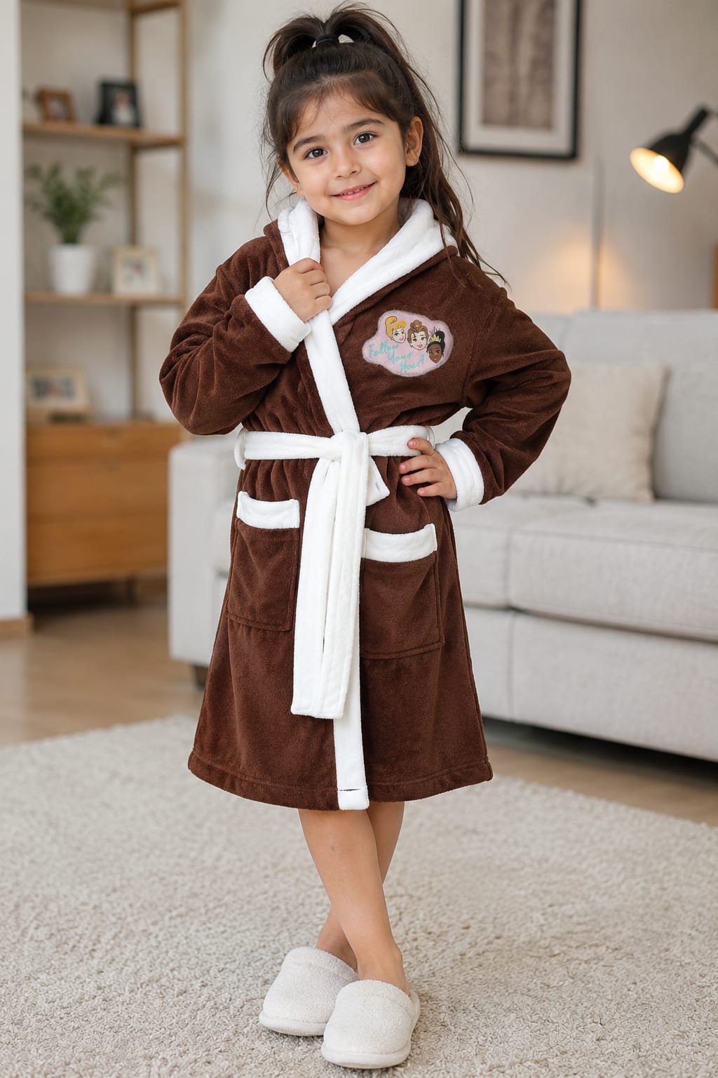 Kids Brown&White Plush Bathrobe with White Trim – Soft & Cozy Girls Robe
