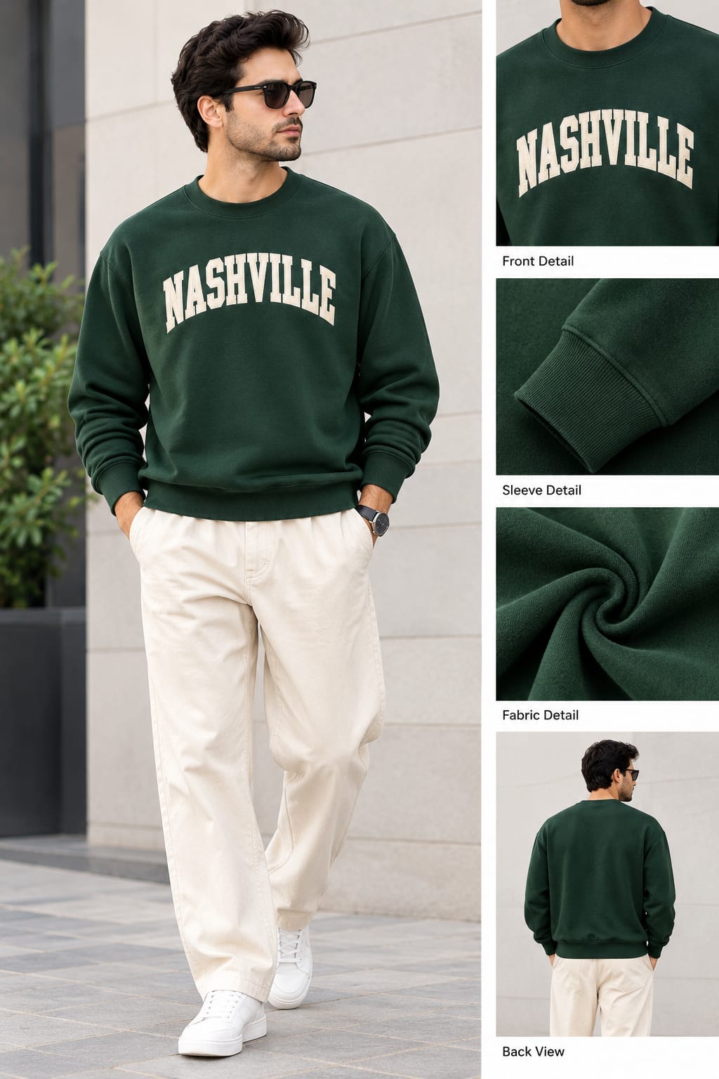 Nuvora Styles Color Block Crewneck Sweatshirt – Black, Cream & Forest Green